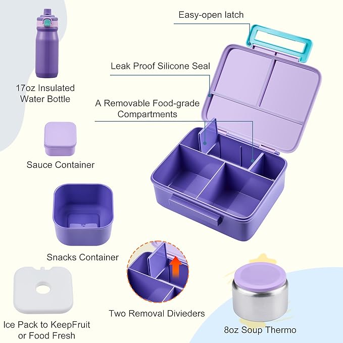 MAISON HUIS Kids Bento Box Set - Includes 8oz Soup Thermo, Insulated Lunch Bag & 17oz Stainless Steel Water Bottle, 5-Compartment Bento Box with Built-In Ice Pack, Leak-Proof & BPA-Free(Purple)
