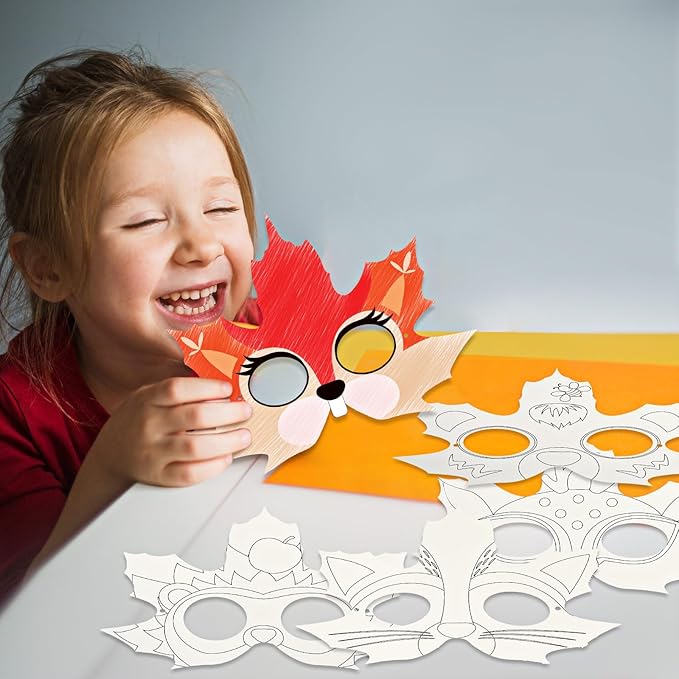 Funrous 24 Pcs Fall Craft Kits Autumn Maple Leaf DIY Mask Color Your Own Animal Blank Painting Paper Mask Thanksgiving Craft