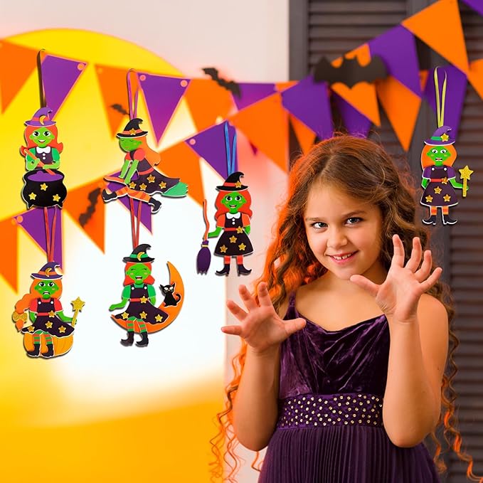 Fennoral 12 Pack Witch Craft for Kids Make Your Own Witch Foam Stickers Ornament DIY Halloween Arts and Crafts for Girls Boys Halloween Party Decoration Supplies