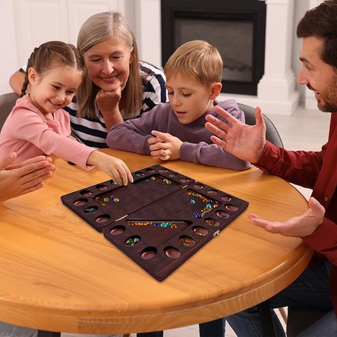 4-Player Mancala Board Game, Foldable Solid Wood with 110 Multi-Coloured Glass Beads, Instruction Manual, Non-Slip Mat,Suitable for Family Party Travelling Adults Puzzle Interactive Game.