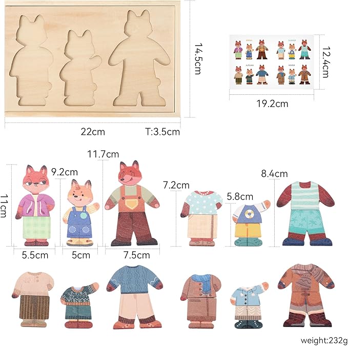 Wooden Dress-Up Puzzles for Toddlers Ages 3-5 Fox Family Mix-and-Match Game with Storage Box Educational Gift for Boys Girls