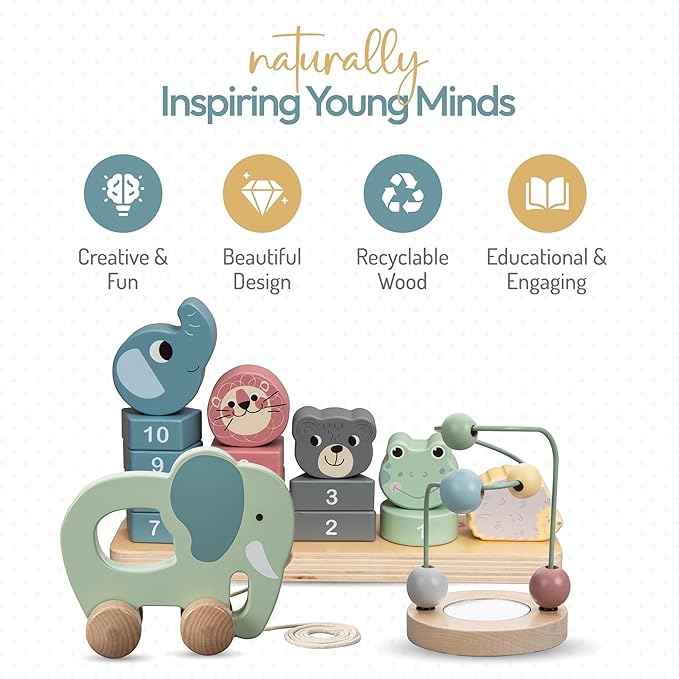 ELLIANI Montessori Toys for 1 Year Old - 3-in-1 Wooden Toy Set, Stacking Toys for Toddlers 1-3 with Bead Maze & Pull Toy, Baby Gender Neutral Gifts