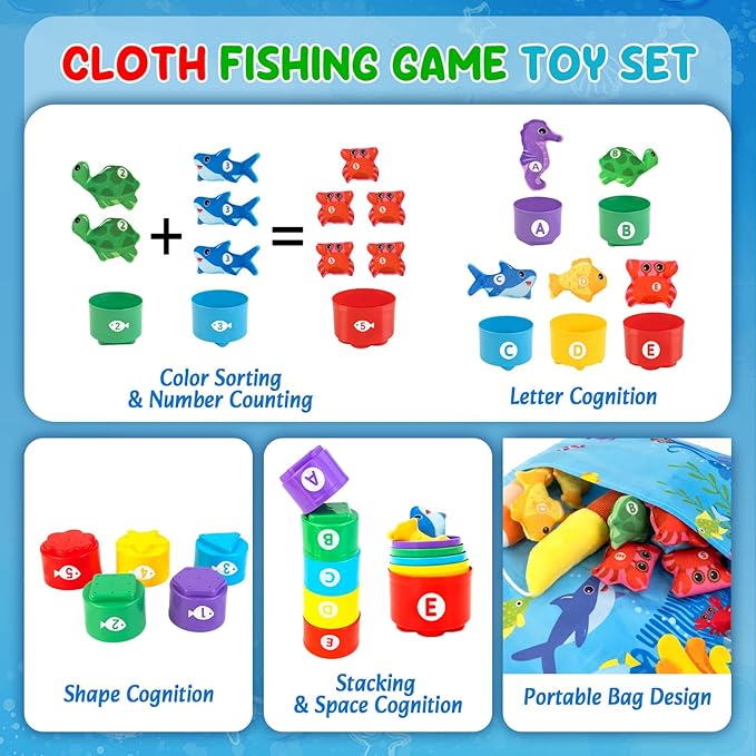 Toddler Toy Montessori Toys for 1 Year Old Boy Girl Birthday Gifts, Cloth Fishing Game for Toddlers 1-3 with Stacking Cups-Number Counting, Shape Learning, Sensory Baby 6-12 Mths