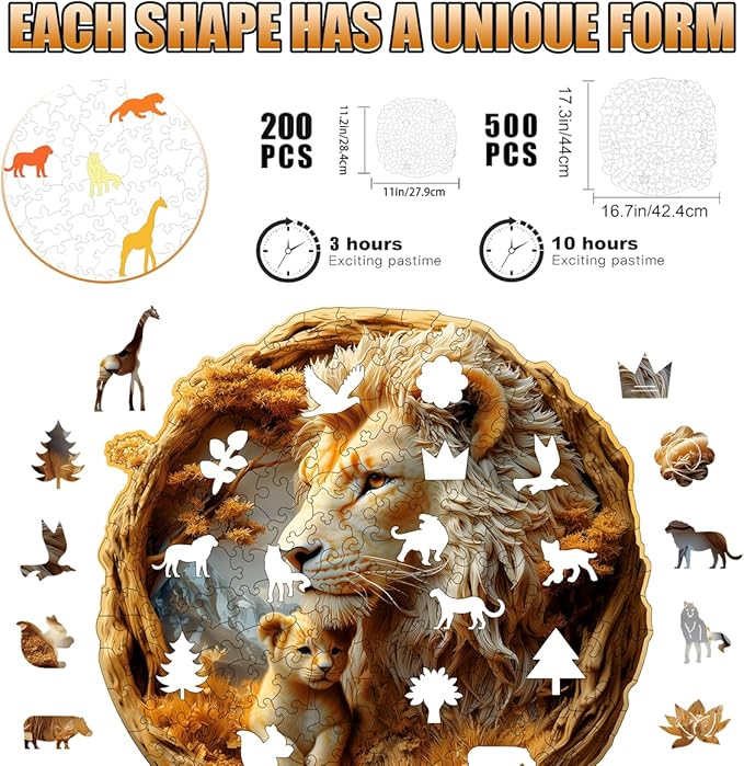 Wooden Jigsaw Puzzle, 200-500 Pieces Unique Shape Animal Puzzle, for Adults & Kids, Birthday Gift Family Game, Decorative Puzzle, Unique Gift (Lion Legacy, 200 PCS)