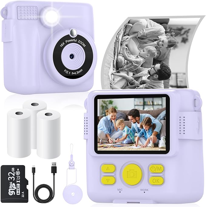 Instant Print Camera for Kids with 3 Rolls of Printer Paper, 1080P Toddler Digital Camera Toys for Age 3-12 with 32GB SD Card, Christmas & Birthday Gifts for 3 4 5 6 7 8 Year Old Girls & Boys (Purple)
