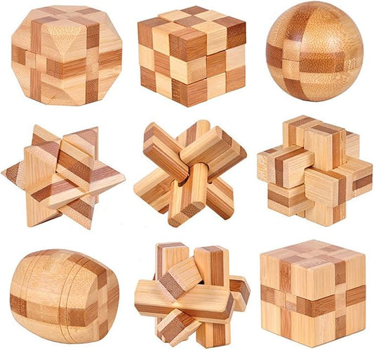 VolksRose 9pcs Wooden Brain Teaser Puzzles, IQ Challenge Puzzle Games, Logic Smart Mind Puzzle Box Lock Toy Removing Assembling 3D Small Puzzle Gift Set for Adults Teenagers Kids, 1.8inch 4.5cm