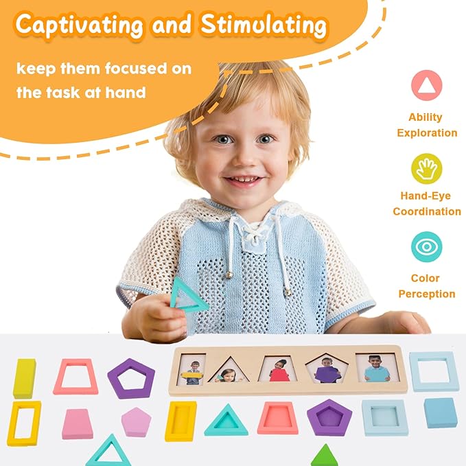 Adena Montessori Colorful Multiple Shape Puzzles Toys for 6-12 Months 1 Year Old Toddler Babies First Shapes Geometric Jumbo Knob Wooden Puzzle Color Sorter (10 Pieces)