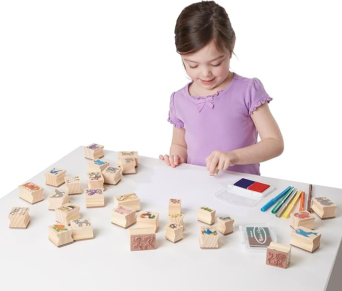 Melissa & Doug Deluxe Wooden Stamp Set: Animals - 30 Stamps, 6 Markers, 2 Stamp Pads