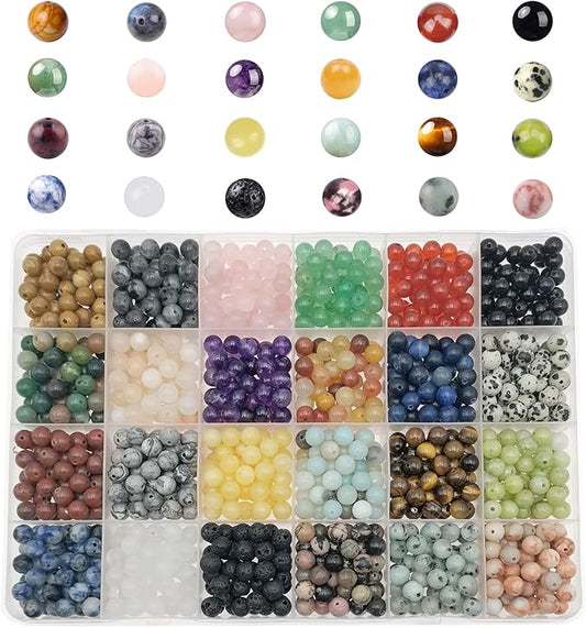 1200pcs Natural Stone Beads Crystals Round Genuine Real Stone Beading Loose DIY Gemstone for Bracelet Jewelry Making(6mm,24 Color S3)