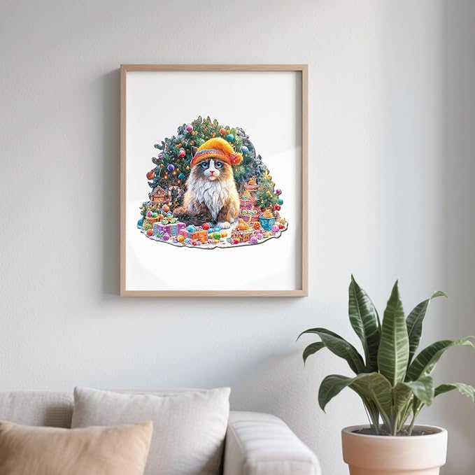 Wooden Puzzles for Adults - Christmas Cat Wooden Jigsaw Puzzle 86 pcs - Unique Animal Shape Wood Cut Puzzles - Eco-Friendly Home Office Decor (8.4 * 7.4in)