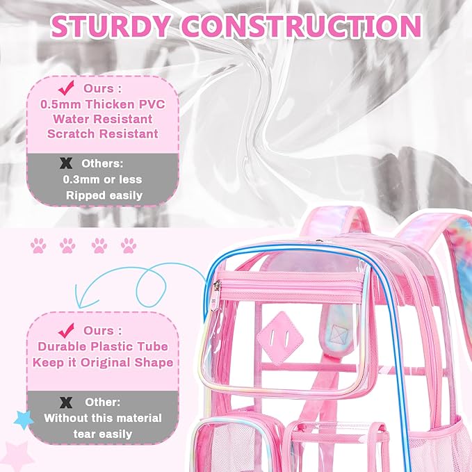 Clear Backpack for School,Heavy Duty PVC Transparent Bookbag for Girls Stadium Approved See Through Backpack