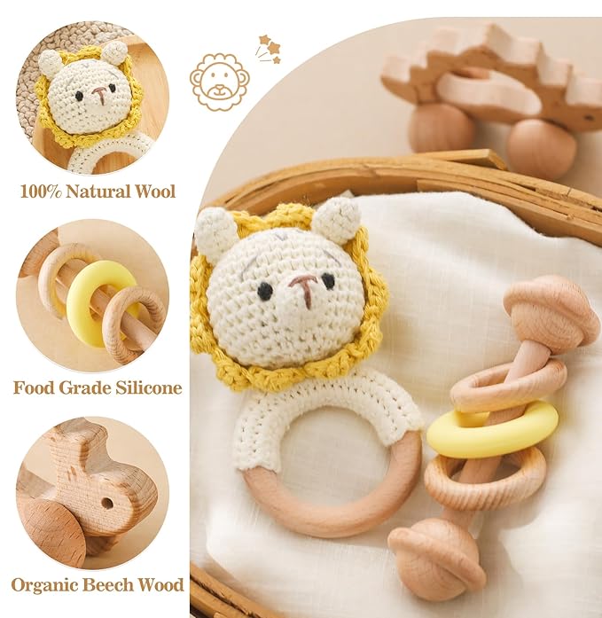 Wooden Baby Rattle 3 PCS Push Car Rattle Set Crochet Rattle Ring Wooden Montessori Toy for Newborn Infant Baby Gifts (Lion Rattle)