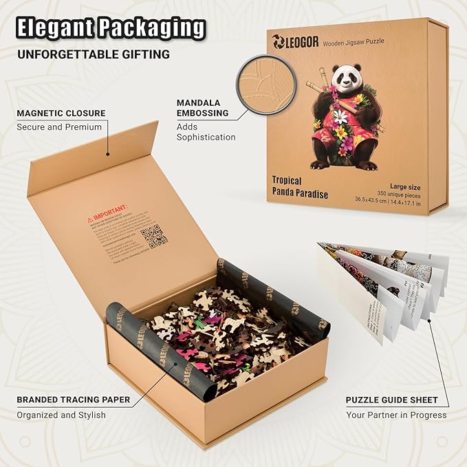 LEOGOR Wooden Puzzles for Adults – 350 Piece, 14.4 x 17.1 in Extra-Thick 5mm Wood Puzzles Adult, Animal Shaped Large Mosaic Jigsaw, Tropical Panda Paradise, Unique Hand-Drawn Pieces