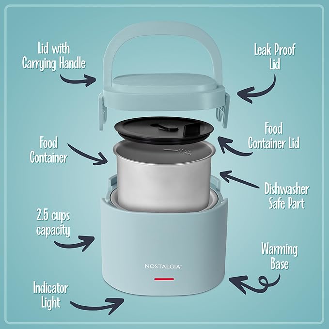 Nostalgia Portable 20-Ounce Electric Heated Lunch Box – Travel Size 2.5 Cup Capacity for Soup, Chili, and Leftovers – Leak Proof Silicone Sealed Lid, Foldable Carry Handle, Detachable Cord – Chambray