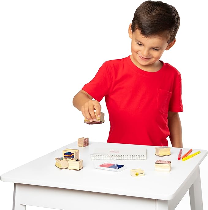 Melissa & Doug Deluxe Wooden Stamp and Coloring Set – Vehicles (30 Stamps, 6 Markers, 2 Durable 2-Color Stamp Pads)