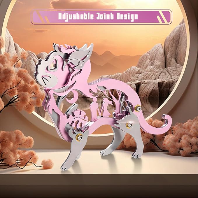 3D Metal Puzzles for Adults, Mechanical Metal Model Kits for Adults, Dream Cat Steel 3D Puzzle Stainless Steel Ornaments for Men Women Art Craft Gifts Toys(Pink).