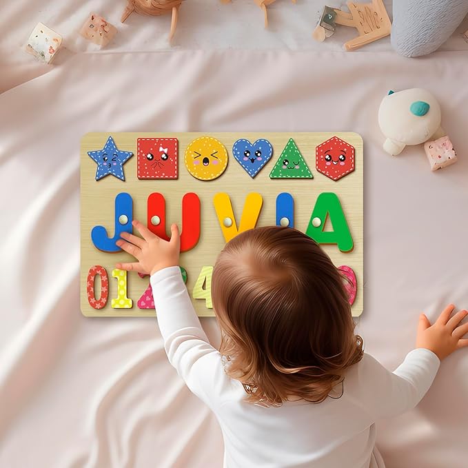 Custom Name Puzzles for Toddlers 1-3 - Name Puzzle for Kids, Personalized Wooden Animal Puzzle, Baby Gifts, Baby Shower, Christmas, Newbaby Gift, Gifts for 1 2 3 Years Old (Animal-Geometry-03)