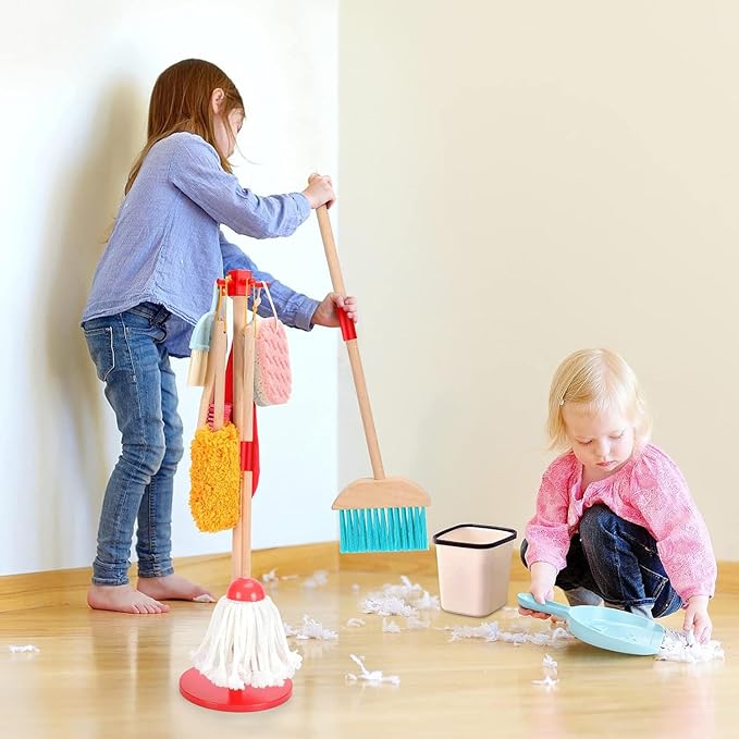 WHOHOLL Wooden Kids Cleaning Toy Set Toddler Broom and Dustpan Set for Housekeeping 9 Pcs Broom and Mop Set for Toddlers 3-5, Baby Cleaning Toys with Sponge, Birthday Gifts for Boys and Girls
