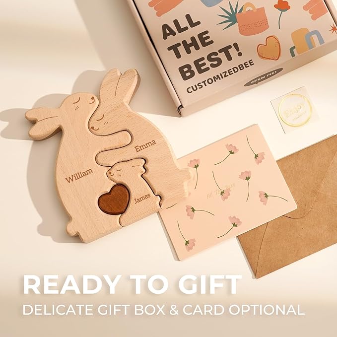 Rabbit Family Puzzle, Personalized Wooden Puzzles with 2–5 Names, Easter Gifts for Kids, Unique Easter Anniversary Wedding Gifts for Women Men, Home Decorations for Family Couple