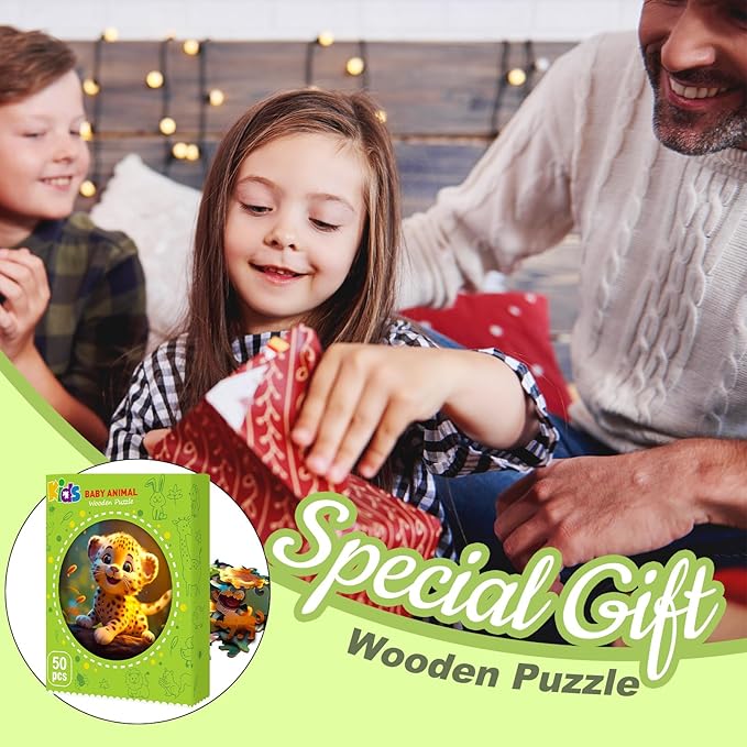Christmas Birthday Gifts for Kids Girls Boys, Wooden Jigsaw Puzzles for Kids Ages 4-6, 50 Piece Unique Shape Animal Theme Puzzle - Preschool Learning Educational Toys for Kid 3+ (Leopard)