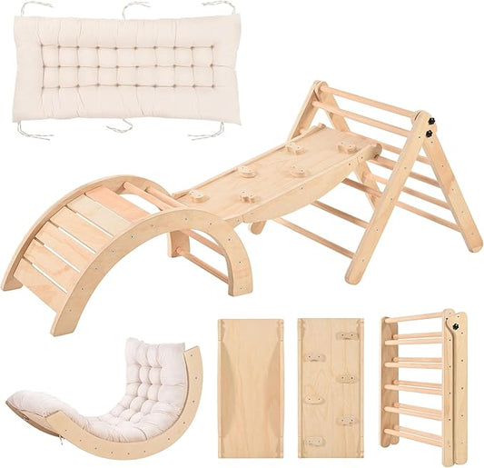 OLLIKIVI Pikler Triangle Set with Cushion, Indoor Climbing Toy Set for Toddlers, Montessori Foldable Indoor Playground, Wodden Jungle Gym with Ramp and Arch Climber for 1-6 Years Old Kids