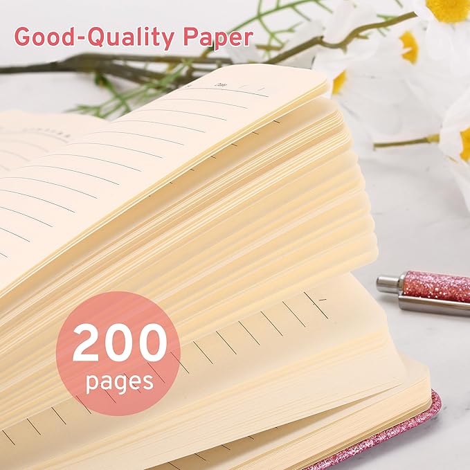 Pink Glitter Notebook, 8.4"x 5.7", 200 Lined Pages, No-Shed Sparkle Journal for Girls & Women, A5 Hardcover Diary for Writing, Birthday Gift for Teen Kids, Trendy Stuff for 6 8 9 10 11 12 Year Old