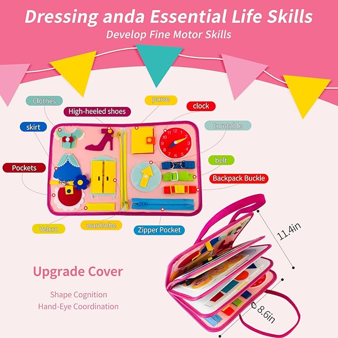 Montessori Busy Board for Toddlers Sensory Activity Board with Zipper, Buckle, Laces - Educational Travel Toy, Learning Fine Motor Skills, Montessori Toys