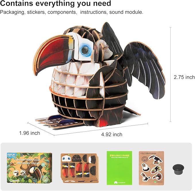 Red-Billed Toucan Bird 3D Paper Puzzle for Kids, Animal Puzzle with Sound, Best Gift for Girls, Crafts for Girls Age 8-12 Years Old…