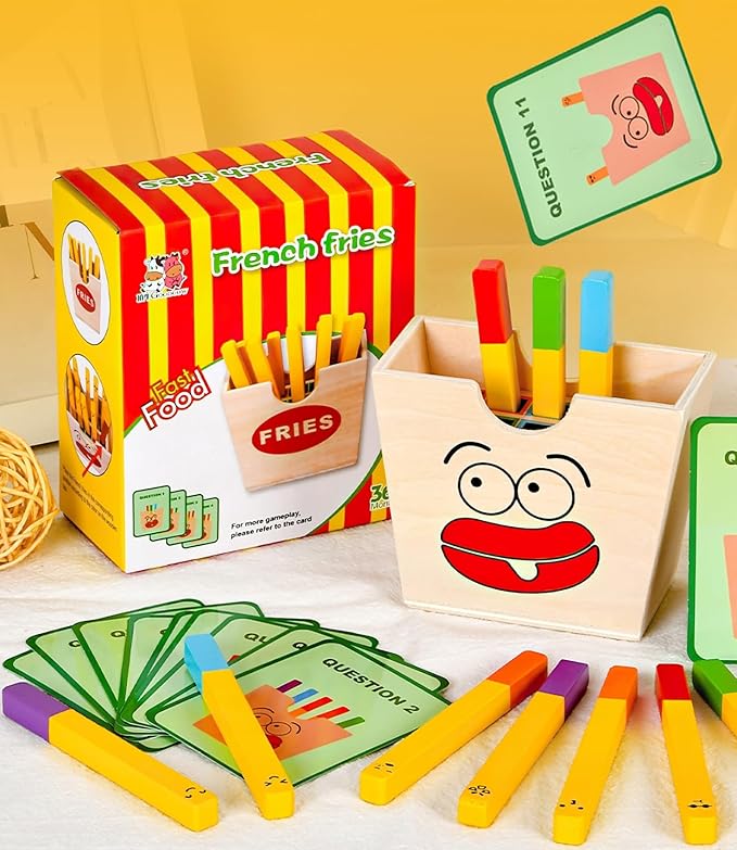 Wooden French Fries Sorting & Stacking Toys for Toddlers, Montessori Educational Toys for 3 Year Old Preschoolers to Develop Fine Motor Skills