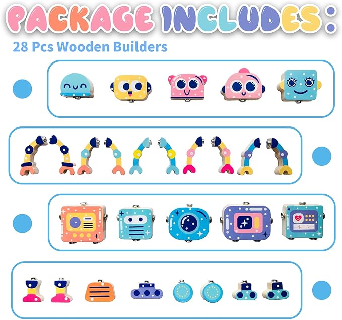 Wooden Snap Together Building Toys, STEM Blocks Toys, 28 Pcs Robot Take Apart Toys Playset, Montessori Educational Fine Motor Skill Toy, Gift for 3 4 5 6 7 8 Years Old Kids