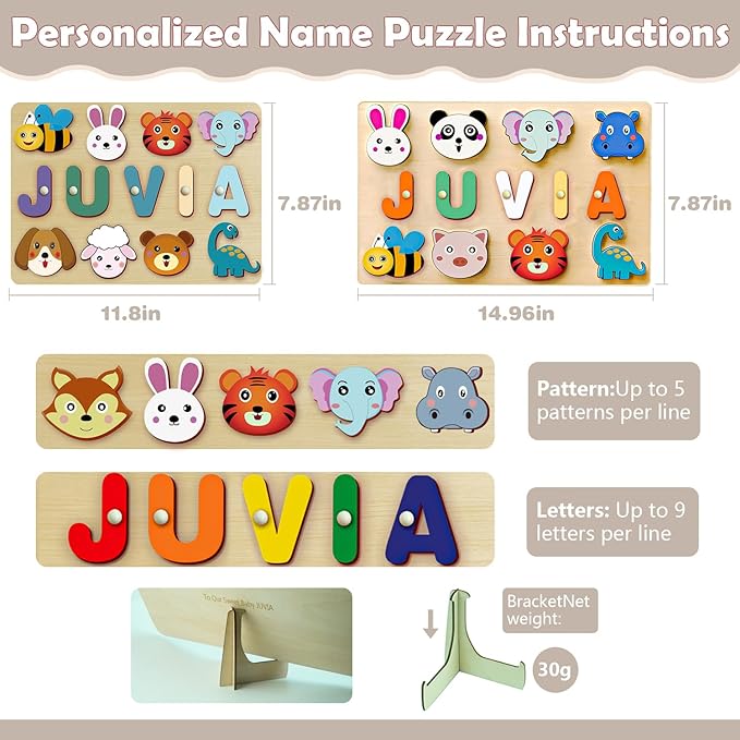 Custom Name Puzzles for Toddlers 1-3 - Name Puzzle for Kids, Personalized Wooden Animal Puzzle, Baby Gifts, Baby Shower, Christmas, Newbaby Gift, Gifts for 1 2 3 Years Old (Animal-Name -02)