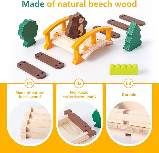 Wooden Building Blocks Wooden Building Blocks Construction Set Preschool Learning Montessori Toys Construction City Stacking Toys for Kids Ages 3-8 Birthday Gift (Log Color)