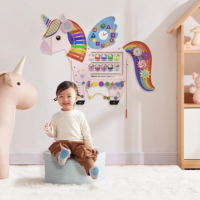 Unicorn Activity Wall Busy Board Panels - Sensory Wall Panel for Kids, Montessori Toddler Wall Activity Board, Wall Toys for Toddlers 3, Activity Cube, Perfect for Toddler Playroom, Pink