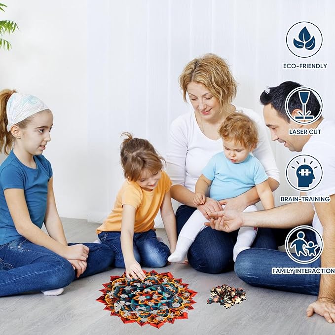Ruikiyart Wooden Puzzles for Adults, 5MM 500 Pieces 3D Vision Mandala Wooden Jigsaw Puzzle, Unique Shaped Wooden Puzzles for Kids and Adults on Birthday, Thansgiving, Christmas (16.5"*16.5")