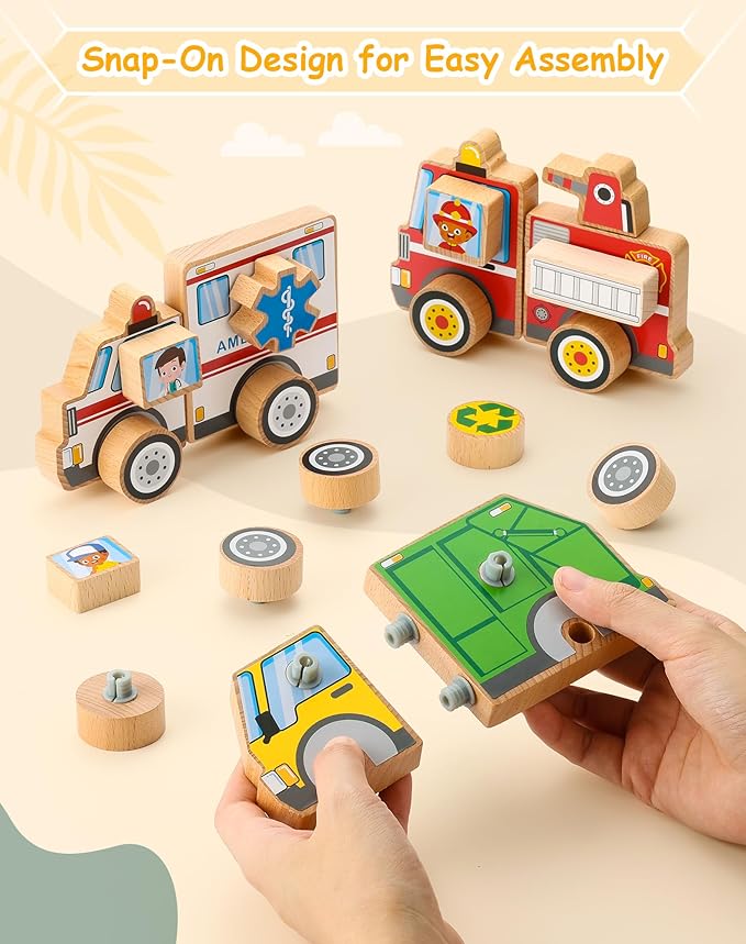 SainSmart Jr. Emergency Vehicle Toys Snap & Take-Apart, Wooden Car Toys for Toddlers, Including Play Police Car, Fire Truck, Garbage Truck, Ambulance - Montessori Gifts for Preschool Children