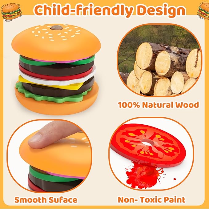 Jumlys Montessori Wooden Burger Stacking Toys for 2, 3, 4, 5 Year Olds, Fine Motor Toys for Kids Boys Girls, Ideal Preschool Educational and Learning Toys, Perfect Christmas Birthday Gifts