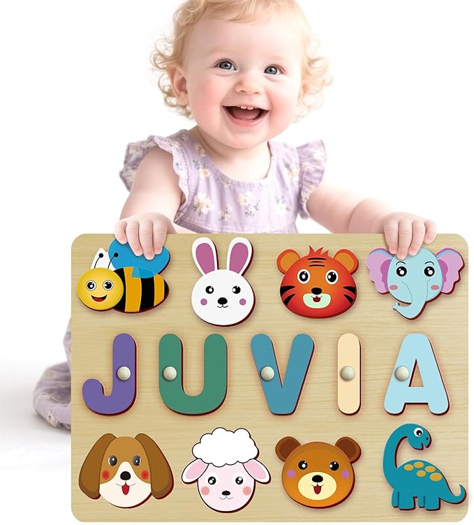 Custom Name Puzzles for Toddlers 1-3 - Name Puzzle for Kids, Personalized Wooden Animal Puzzle, Baby Gifts, Baby Shower, Christmas, Newbaby Gift, Gifts for 1 2 3 Years Old (Animal-Name -02)