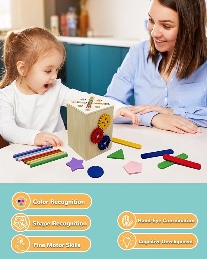 Wooden Sorting Toys Montessori Color & Shape Sorter Preschool Learning Activities Fine Motor Skills Sensory Toys for Toddlers 2-5 Birthday Gifts for Boys and Girls (Colorful-Cuboid)