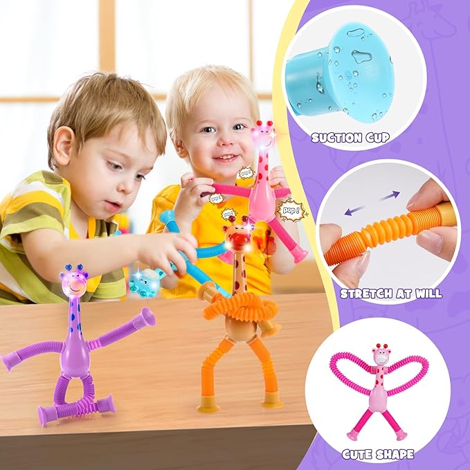 Sensory Fidget Toys for Kids : 4 Pack LED Giraffe Telescopic Pop Tubes 3 4 5 6 7 8 Year Old Girls Boys Halloween Birthday Gifts Toy for Kid Ages 3-5 Autism Toddler Travel Toy Party Favors