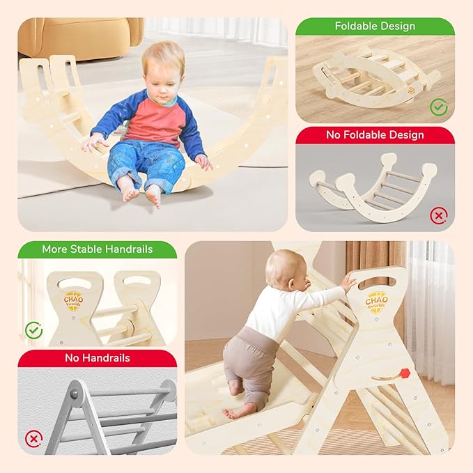 Pikler Triangle Set 7-in-1 Foldable Montessori Wooden Climbing Toys for Toddlers 1-5 Years Indoor Jungle Gym with Slide, Arch Ladder & Ramp Solid Wood Baby Activity Climber