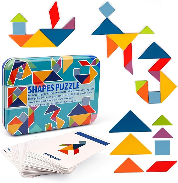 Vanmor Wooden Tangrams Sets Pattern Blocks, Shape Card Brain Teaser Puzzles Educational Toy, Travel Games for Kids Ages 4-8 Road Trip Essentials