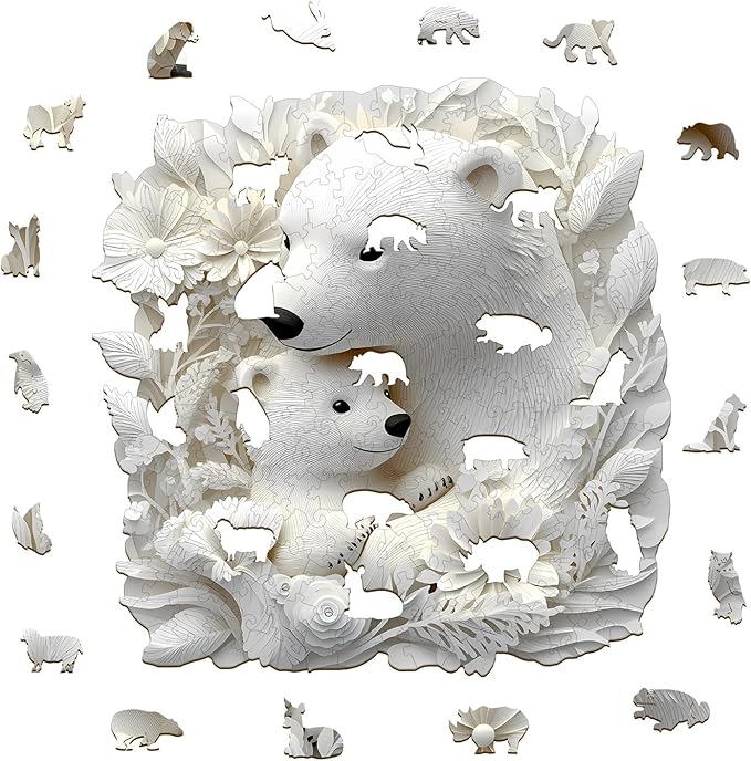 KAAYEE Wooden Puzzles for Adults, 3D Vision Effect Polar Bear Family Wooden Jigsaw Puzzle Unique Shape Wood Puzzle Adult, 3D Effect Flat Puzzle Birthday Family Game (M-11.4 * 11.1 in-200pcs)