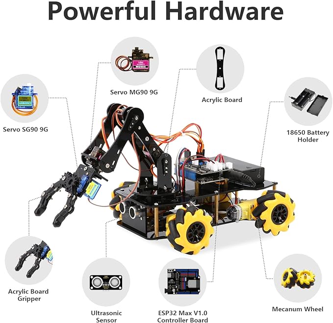 ACEBOTT 5DOF Smart Robot Arm Car Kit, 4WD Remote Control Car Compatible with Arduino/Python/Blockly Programming Project/STEM Education/Science Coding Kit for 12+ Teens and Adults Unique Gifts