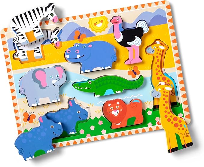 Melissa & Doug Safari Wooden Chunky Puzzle with Wild Animal Theme (8 Pcs) Wooden Puzzles for Toddlers Ages 3+ - FSC Certified