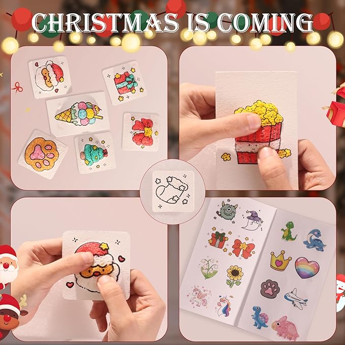 Liktoy 44Pcs Magic Foam Texture Painting Kit, 28Pcs Foam Texture Paper, 12 Colorful Brush, 2 Water Brushes, 3D Effect Texture Painting Set, Ideal for Halloween, Christmas, Birthday Gifts