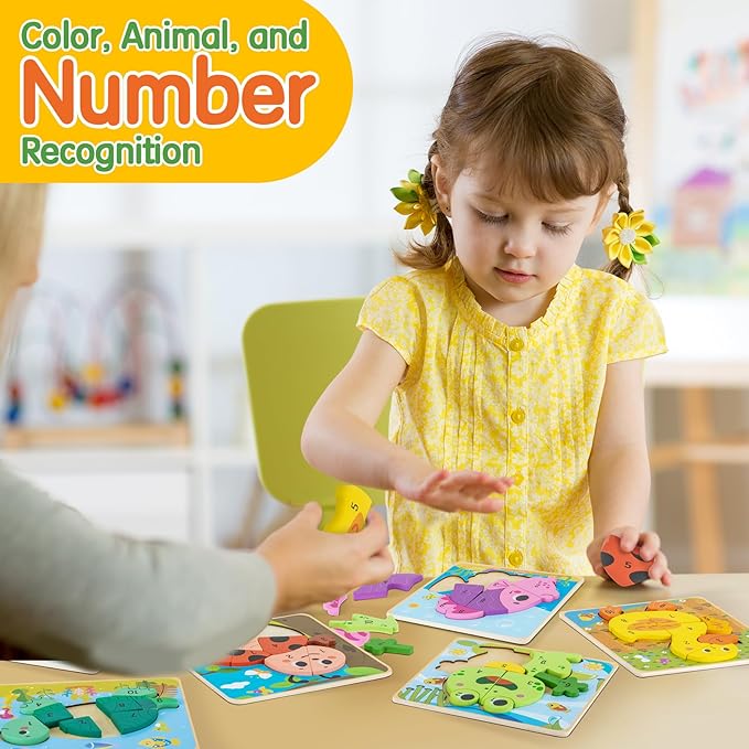 deli Wooden Toddler Puzzles, 6 Pcs Animals Puzzles for Toddler, Montessori Preschool Educational Learning Toys Make a Great Gifts for 1 2 3 4 5 Year Olds