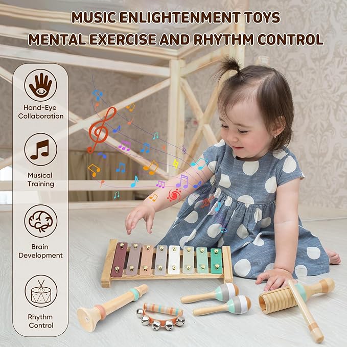 LeeQee Montessori Toys for 1 2 3 Year Old - Wooden Toys Baby Musical Instruments, Neutral Colors Percussion Instruments Set with Modern Boho Xylophone for Toddlers 3+ Music Education