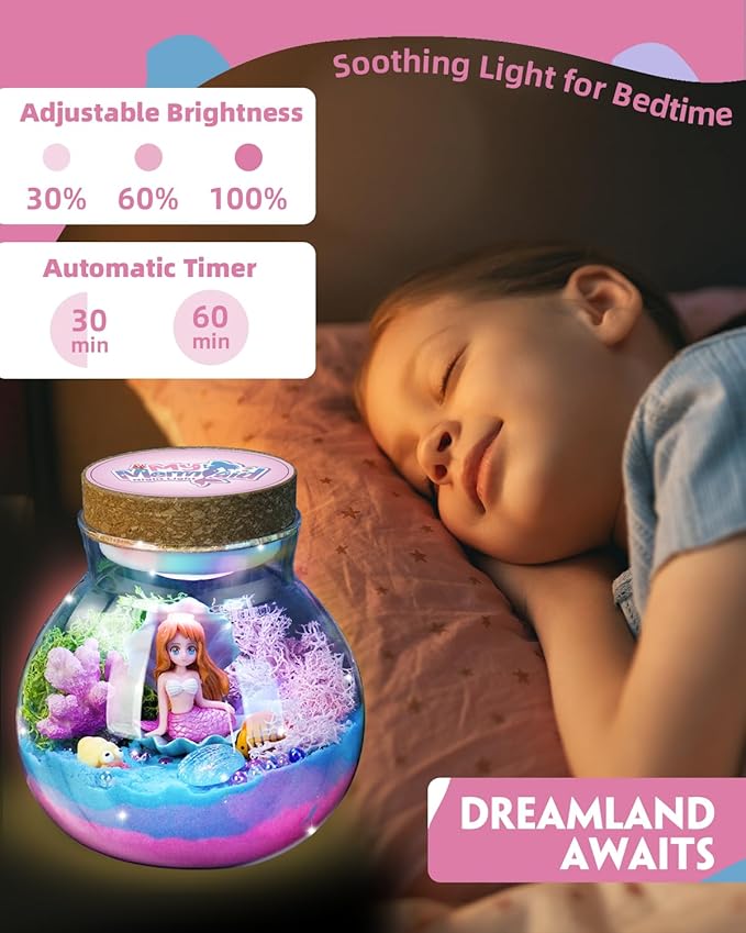 Light-Up Mermaid Terrarium Kit for Girls, DIY Arts & Crafts Gift for Girls Ages 4-6 7 8-12 Year Old, LED Night Light with Remote, Best Mermaid Birthday Decoration Toys Back to School Gifts for Kid