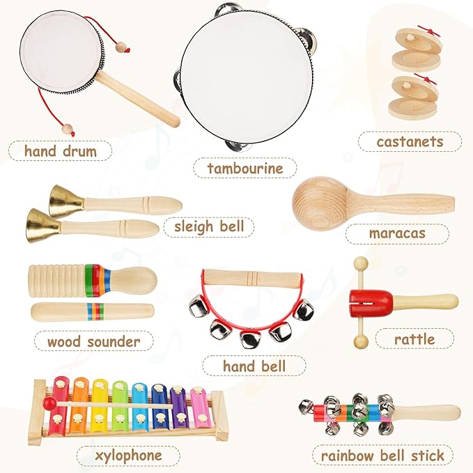 Hayder Baby Musical Instruments Set, 12 Pcs Wooden Montessori Musical Toys for Toddlers 3+ Years Old, Kids Percussion Instruments Toy