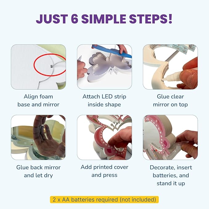 DIY Butterfly Space Mirror Light - 2 in 1 Mirror & Space Tunnel Effect with LED Lamps - Perfect Science Kids Arts and Craft Activity Kit for Girls 7-12 Years Old - Foam Craft with Gem Art Decorations